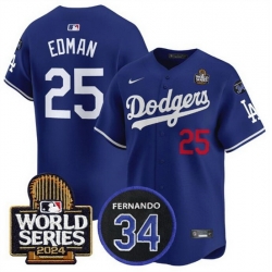 Men Los Angeles Dodgers 25 Tommy Edman Royal 2024 World Series With Fernando Memorial Patch Alternate Limited Stitched Baseball Jersey