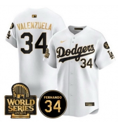 Men Los Angeles Dodgers 34 Toro Valenzuela White Gold 2024 World Series With Fernando Memorial Patch Limited Stitched Baseball Jersey