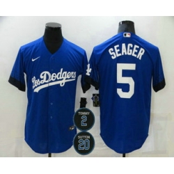 Men Los Angeles Dodgers 5 Corey Seager Blue 2 20 Patch City Connect Cool Base Stitched Jersey