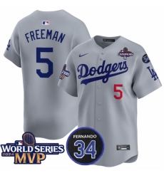 Men Los Angeles Dodgers 5 Freddie Freeman Grey 2024 World Series MVP  26 Fernando Memorial Patch Vapor Premier Limited Stitched Baseball Jersey