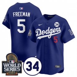 Men Los Angeles Dodgers 5 Freddie Freeman Royal 2024 World Series With No  34 Patch Limited Stitched Baseball Jersey