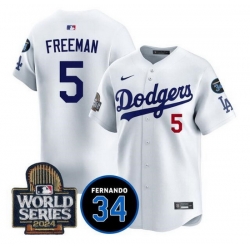 Men Los Angeles Dodgers 5 Freddie Freeman White 2024 World Series With Fernando Memorial Patch Limited Stitched Baseball Jersey