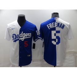 Men Los Angeles Dodgers 5 Freddie Freeman White Blue Split Cool Base Stitched Baseball Jersey