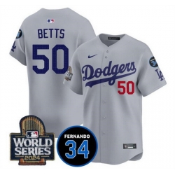 Men Los Angeles Dodgers 50 Mookie Betts Grey 2024 World Series With Fernando Memorial Patch Limited Stitched Baseball Jersey