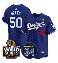 Men Los Angeles Dodgers 50 Mookie Betts Royal 2024 World Series With Fernando Memorial Patch Limited Stitched Baseball Jersey