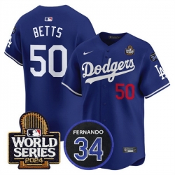 Men Los Angeles Dodgers 50 Mookie Betts Royal 2024 World Series With Fernando Memorial Patch Limited Stitched Baseball Jersey