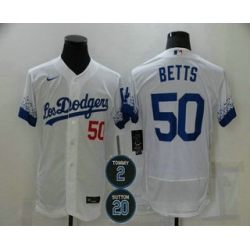 Men Los Angeles Dodgers 50 Mookie Betts White 2 20 Patch City Connect Flex Base Stitched Jersey