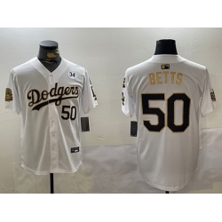 Men Los Angeles Dodgers 50 Mookie Betts White Gold 2024 World Series With Fernando Memorial Patch Limited Stitched Baseball Jersey 1