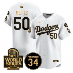 Men Los Angeles Dodgers 50 Mookie Betts White Gold 2024 World Series With Fernando Memorial Patch Limited Stitched Baseball Jersey