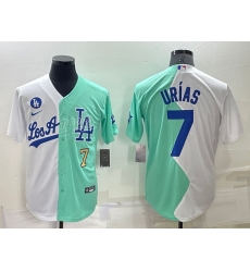 Men Los Angeles Dodgers 7 Julio Urias 2022 All Star White Green Cool Base Stitched Jersey 2