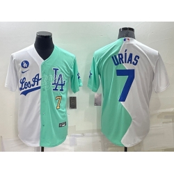 Men Los Angeles Dodgers 7 Julio Urias 2022 All Star White Green Cool Base Stitched Jersey 2