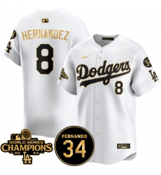 Men Los Angeles Dodgers 8 Enrique Hernandez White Gold 2024 World Series Champions  26 Fernando Memorial Patch Vapor Premier Limited Stitched Baseball Jers