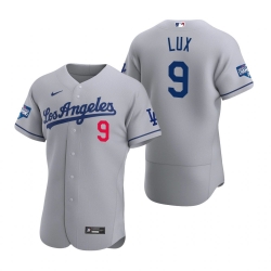 Men Los Angeles Dodgers 9 Gavin Lux Gray 2020 World Series Champions Road Flex Base Jersey