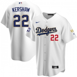 Men Los Angeles Dodgers Clayton Kershaw 22 Championship Gold Trim White Limited All Stitched Flex Base Jersey