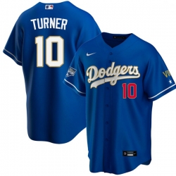 Men Los Angeles Dodgers Justin Turner 10 Championship Gold Trim Blue Limited All Stitched Flex Base Jersey