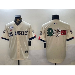 Men Los Angeles Dodgers Team Big Logo Cream 2024 World Series With No  34 Patch Limited Stitched Baseball Jersey