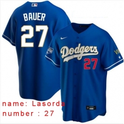 Men Los Angeles Dodgers Tommy Lasorda 27 Championship Gold Trim Blue Limited All Stitched Flex Base Jersey