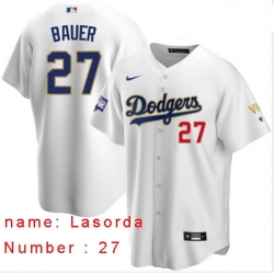 Men Los Angeles Dodgers Tommy Lasorda 27 Championship Gold Trim White Limited All Stitched Flex Base Jersey