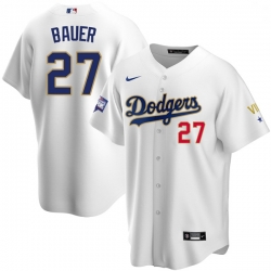 Men Los Angeles Dodgers Trevor Bauer 27 Championship Gold Trim White Limited All Stitched Flex Base Jersey