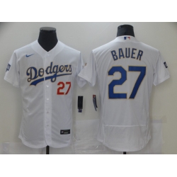 Men Los Angeles Dodgers Trevor Bauer 27 Championship Gold Trim White Limited All Stitched Flex Base Jersey