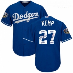 Mens Majestic Los Angeles Dodgers 27 Matt Kemp Authentic Royal Blue Team Logo Fashion Cool Base 2018 World Series MLB Jersey 