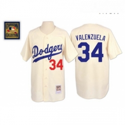 Mens Mitchell and Ness Los Angeles Dodgers 34 Fernando Valenzuela Replica Cream Throwback MLB Jersey