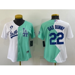 Women Los Angeles Dodgers 22 Bad Bunny 2022 All Star White Green Split Stitched Baseball Jerseys 28Run Small 29