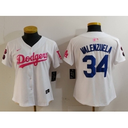 Women Los Angeles Dodgers 34 Fernando Valenzuela White Pink Vin  26 Kobe Patch Stitched Baseball Jersey