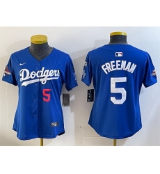 Women Los Angeles Dodgers 5 Freddie Freeman Royal 2024 World Series Champions With Fernando Memorial Patch Alternate Limited Stitched Baseball Jersey 28Run