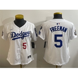 Women Los Angeles Dodgers 5 Freddie Freeman White 2024 World Series With Fernando Memorial Patch Home Limited Stitched Baseball Jersey 