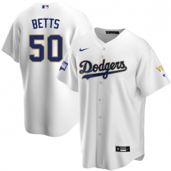 Women Los Angeles Dodgers Mookie Betts 50 Championship Gold Trim White Limited All Stitched Cool Base Jersey