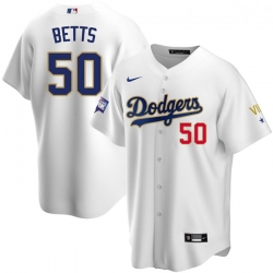 Women Los Angeles Dodgers Mookie Betts 50 Championship Gold Trim White Limited All Stitched Flex Base Jersey