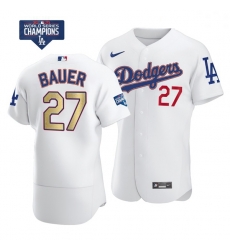 Women Los Angeles Dodgers Trevor Bauer 27 Gold Program Designed Edition White Flex Base Stitched Jersey