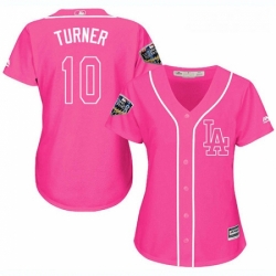 Womens Majestic Los Angeles Dodgers 10 Justin Turner Authentic Pink Fashion Cool Base 2018 World Series MLB Jersey