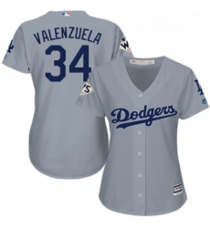 Womens Majestic Los Angeles Dodgers 34 Fernando Valenzuela Replica Grey Road 2017 World Series Bound Cool Base MLB Jersey