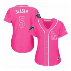 Womens Majestic Los Angeles Dodgers 5 Corey Seager Authentic Pink Fashion Cool Base 2018 World Series MLB Jersey