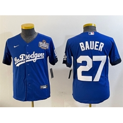 Youth Los Angeles Dodgers 27 Trevor Bauer Blue 2024 World Series City Connect Cool Base Stitched Jersey