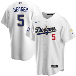 Youth Los Angeles Dodgers Corey Seager 5 Championship Gold Trim White Limited All Stitched Flex Base Jersey