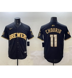 Men Milwaukee Brewers 11 Jackson Chourio Black Gold With Home Patch Limited Stitched Baseball Jersey