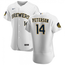 Men Milwaukee Brewers 14 Jace Peterson Men Nike White Home 2020 Flex Base Player MLB Jersey