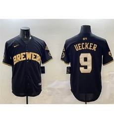 Men Milwaukee Brewers 9 Bob Uecker Black Gold With Home Patch Limited Stitched Baseball Jersey