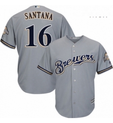 Mens Majestic Milwaukee Brewers 16 Domingo Santana Replica Grey Road Cool Base MLB Jersey 