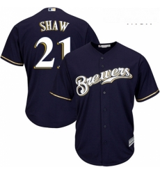 Mens Majestic Milwaukee Brewers 21 Travis Shaw Replica Navy Blue Alternate Cool Base MLB Jersey