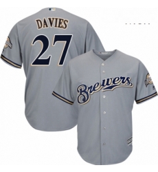 Mens Majestic Milwaukee Brewers 27 Zach Davies Replica Grey Road Cool Base MLB Jersey 