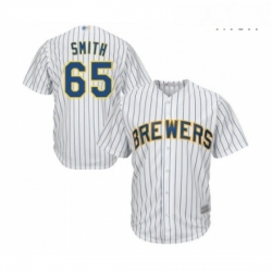 Mens Milwaukee Brewers 65 Burch Smith Replica White Home Cool Base Baseball Jersey 