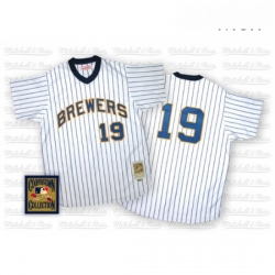 Mens Mitchell and Ness Milwaukee Brewers 19 Robin Yount Replica WhiteBlue Strip Throwback MLB Jersey