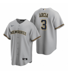 Mens Nike Milwaukee Brewers 3 Orlando Arcia Gray Road Stitched Baseball Jerse