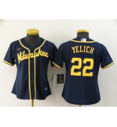 Women Brewers 22 Christian Yelich Navy Women Nike 2020 Cool Base Jersey