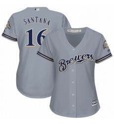 Womens Majestic Milwaukee Brewers 16 Domingo Santana Replica Grey Road Cool Base MLB Jersey 