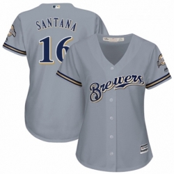 Womens Majestic Milwaukee Brewers 16 Domingo Santana Replica Grey Road Cool Base MLB Jersey 